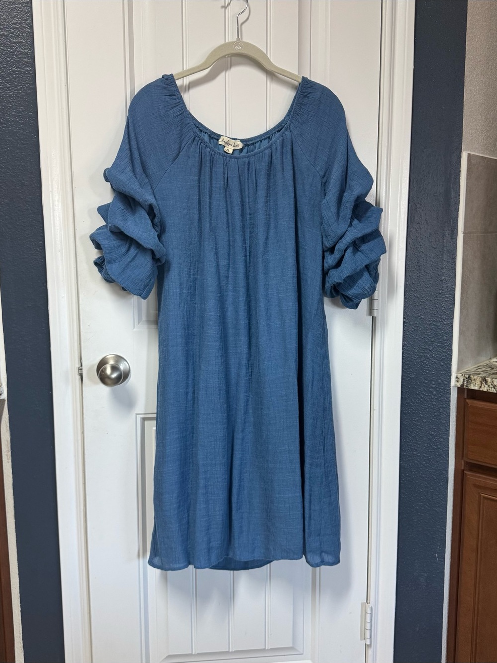 Indigo Rose Blue Shift Dress Off Shoulder Tiered Ruffle Sleeve Coastal Size XL
